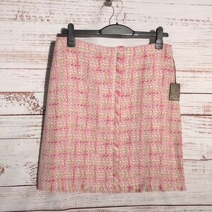 Nordstrom Caslon Pink and Green Tweed Pencil Skirt 14 petite satin lining frayed